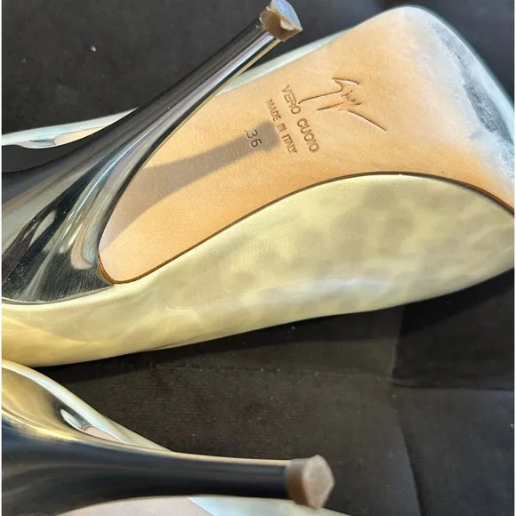 Giuseppe Zanotti Peep Toe Cream and Gray Patent Leather Stiletto Heels -…